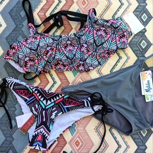 Tribal Flounce Cross back Bikini with 1 top & 2 bottoms